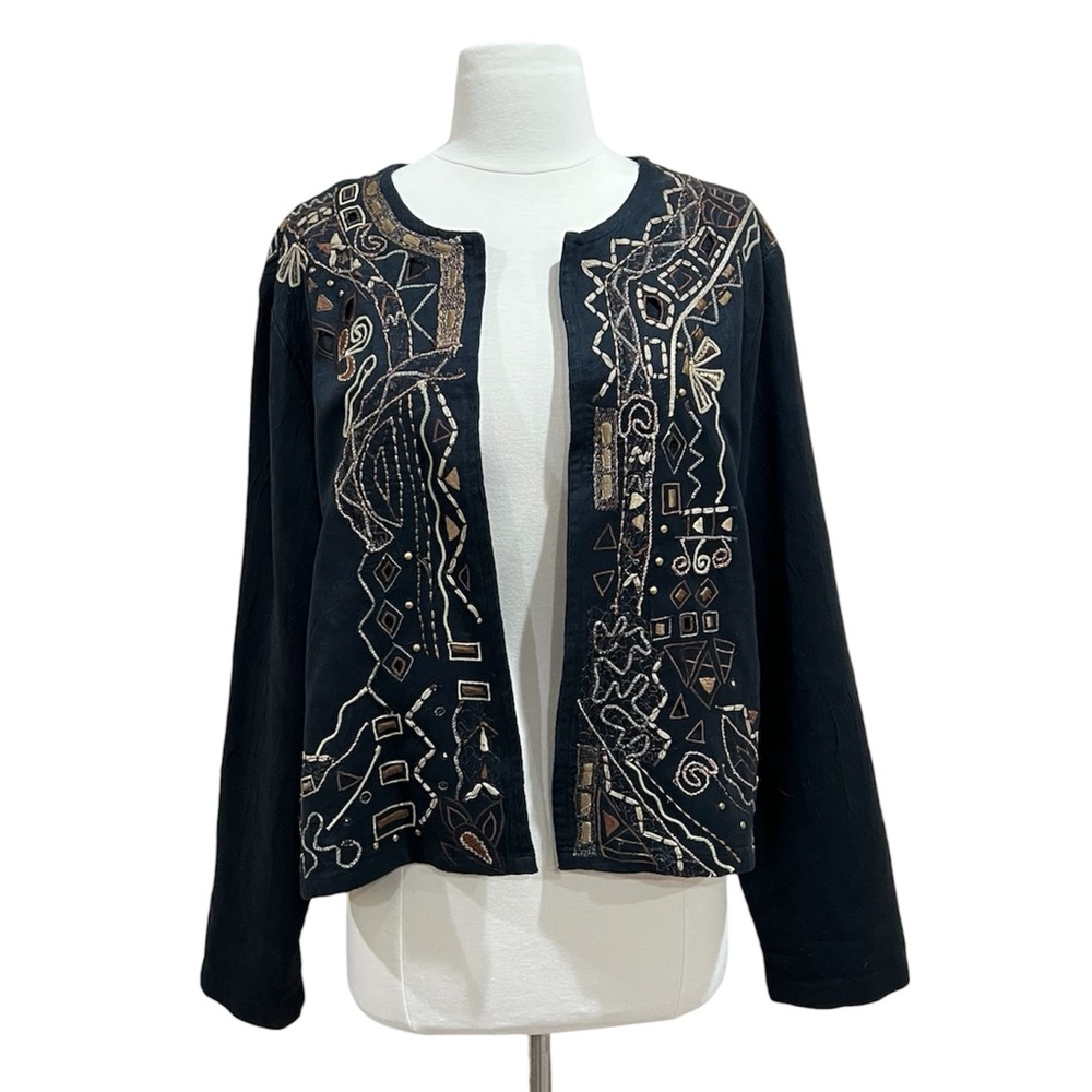 Chico's Vintage Black Embroidered Artistic Design Open Front Blazer Size 2 Large